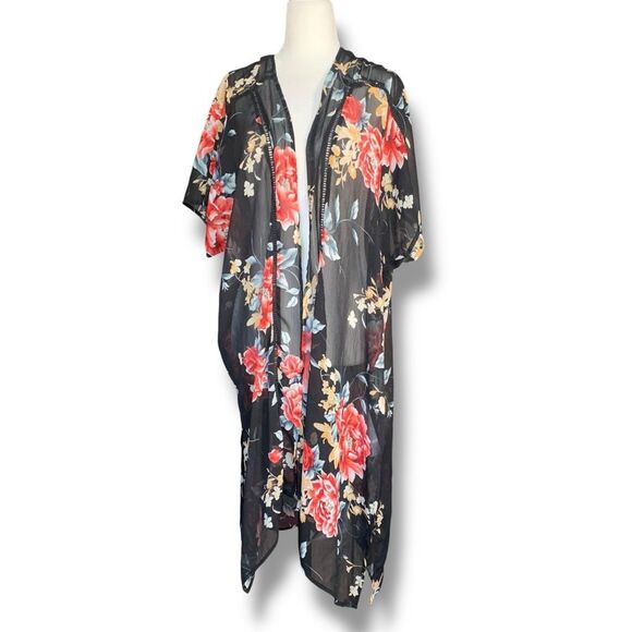 Band of Gypsies Black Sheer Red Floral Kimono Duster Swim Cover Up Short Sleeve - Picture 12 of 12